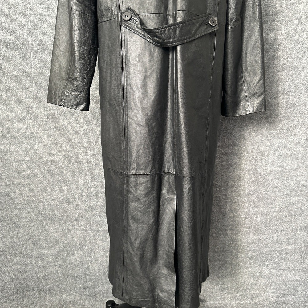 Vintage Omint Trench Coat Womens L Black Leather Long Classic Gothic Jacket - Picture 6 of 16